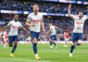 Harry Kane of Tottenham Hotspur celebrates with Pierre-Emile Hojbjerg, Ryan Sessegnon after scoring 2nd goal during the Premier League match between Tottenham Hotspur and Arsenal at Tottenham Hotspur Stadium on May 12, 2022 in London, United Kingdom. Image credit: Getty Images