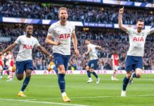 Harry Kane of Tottenham Hotspur celebrates with Pierre-Emile Hojbjerg, Ryan Sessegnon after scoring 2nd goal during the Premier League match between Tottenham Hotspur and Arsenal at Tottenham Hotspur Stadium on May 12, 2022 in London, United Kingdom. Image credit: Getty Images