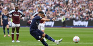 Riyad Mahrez of Manchester City has their penalty saved by Lukasz Fabianski of West Ham United (not pictured) during the Premier League match between West Ham United and Manchester City at London Stadium on May 15, 2022 in London, England. Image credit: Getty Images