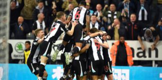 Callum Wilson is mobbed by teammates after Ben White's own goal hands Newcastle the lead over Arsenal Image credit: Getty Images