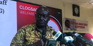 Executive Secretary of CLOGSAG, Mr Isaac Bampoe Addo addressing the press conference