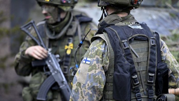 Finnish soldiers seen during military drills in Finland at the start of May (Image: Lehtikuva/AFP via Getty Images)