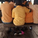 Cement blocks used as chairs by Pechie Basic School pupils