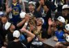 Jun 16, 2022; Boston, Massachusetts, USA; Golden State Warriors guard Stephen Curry (30) holds up the Larry O'Brien Trophy after defeating the Boston Celtics in game six of the 2022 NBA Finals at TD Garden. Mandatory Credit: Bob DeChiara-USA TODAY Sports/ Image Credit: REUTERS