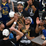 Jun 16, 2022; Boston, Massachusetts, USA; Golden State Warriors guard Stephen Curry (30) holds up the Larry O'Brien Trophy after defeating the Boston Celtics in game six of the 2022 NBA Finals at TD Garden. Mandatory Credit: Bob DeChiara-USA TODAY Sports/ Image Credit: REUTERS