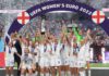 Leah Williamson of England lifts the UEFA Women's EURO 2022 Trophy after their sides victory during the UEFA Women's Euro 2022 final match between England and Germany at Wembley Stadium on July 31, 2022 in London, England. (Photo by Shaun Botterill/Getty) Image credit: Getty Images