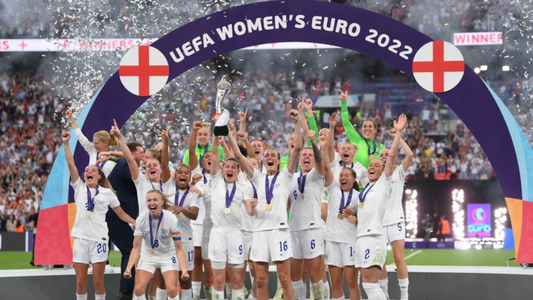 Leah Williamson of England lifts the UEFA Women's EURO 2022 Trophy after their sides victory during the UEFA Women's Euro 2022 final match between England and Germany at Wembley Stadium on July 31, 2022 in London, England. (Photo by Shaun Botterill/Getty) Image credit: Getty Images