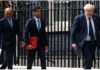 Sajid Javid, Rishi Sunak and Boris Johnson (L-R) pictured outside Downing Street in London in September 2021.