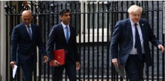 Sajid Javid, Rishi Sunak and Boris Johnson (L-R) pictured outside Downing Street in London in September 2021.