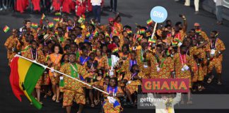 Ghana's contingent participating in the opening ceremony at the Alexander Stadium in Burmingham