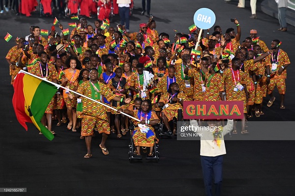 Ghana's contingent participating in the opening ceremony at the Alexander Stadium in Burmingham