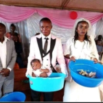 Confusion as lady drops her ex-boyfriend’s child as offertory at his wedding