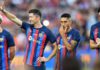 New signings Robert Lewandowski (second left) and Raphinha (second right) are yet to be registered for La Liga