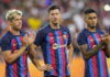 Barcelona's players (L-R) midfielder Sergi Roberto, striker Robert Lewandowski and Brazilian winger Rapinha react ahead of the Joan Gamper trophy soccer match between FC Barcelona and Pumas UNAM at Camp Nou stadium in Barcelona, Catalonia, Spain, 07 August 2022. EPA/Alejandro Garcia