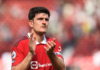 Manchester United's Harry Maguire in action during the English Premier League soccer match between Manchester United and Brighton Hove Albion in Manchester, Britain, 07 August 2022. EPA/Peter Powell EDITORIAL USE ONLY. No use with unauthorized audio, video, data, fixture lists, club/league logos or 'live' services. Online in-match use limited to 120 images, no video emulation. No use in betting, games or single club/league/player publications
