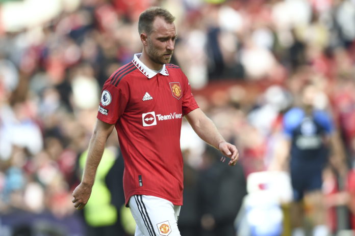 Christian Eriksen of Manchester United reacts after losing the English Premier League soccer match between Manchester United and Brighton Hove Albion in Manchester, Britain, 07 August 2022. EPA/Peter Powell EDITORIAL USE ONLY. No use with unauthorized audio, video, data, fixture lists, club/league logos or 'live' services. Online in-match use limited to 120 images, no video emulation. No use in betting, games or single club/league/player publications