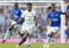 Chelsea's Raheem Sterling (C) in action against Everton's Alexander Iwobi (R) during the English Premier League soccer match between Everton FC and Chelsea FC in Liverpool, Britain, 06 August 2022. EPA/Andrew Yates EDITORIAL USE ONLY. No use with unauthorized audio, video, data, fixture lists, club/league logos or 'live' services. Online in-match use limited to 120 images, no video emulation. No use in betting, games or single club/league/player publications