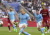 Manchester City's Erling Haaland in action during the FA Community Shield soccer match between Liverpool FC and Manchester City in Leicester, Britain, 30 July 2022. EPA/Andrew Yates EDITORIAL USE ONLY. No use with unauthorized audio, video, data, fixture lists, club/league logos or 'live' services. Online in-match use limited to 120 images, no video emulation. No use in betting, games or single club/league/player publications