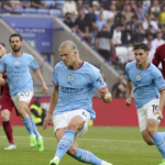 Manchester City's Erling Haaland in action during the FA Community Shield soccer match between Liverpool FC and Manchester City in Leicester, Britain, 30 July 2022. EPA/Andrew Yates EDITORIAL USE ONLY. No use with unauthorized audio, video, data, fixture lists, club/league logos or 'live' services. Online in-match use limited to 120 images, no video emulation. No use in betting, games or single club/league/player publications