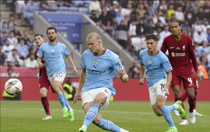 Manchester City's Erling Haaland in action during the FA Community Shield soccer match between Liverpool FC and Manchester City in Leicester, Britain, 30 July 2022. EPA/Andrew Yates EDITORIAL USE ONLY. No use with unauthorized audio, video, data, fixture lists, club/league logos or 'live' services. Online in-match use limited to 120 images, no video emulation. No use in betting, games or single club/league/player publications