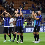 Inter Milans players jubilate after winning the Italian serie A soccer match between FC Inter and Spezia at Giuseppe Meazza stadium in Milan, Italy, 20 August 2022. EPA/MATTEO BAZZI
