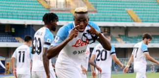 Napoli's Victor Osimhen celebrates scoring the 1-2 lead goal during the Italian Serie A soccer match Hellas Verona vs SSC Napoli in Verona, Italy, 15 August 2022. EPA/FILIPPO VENEZIA