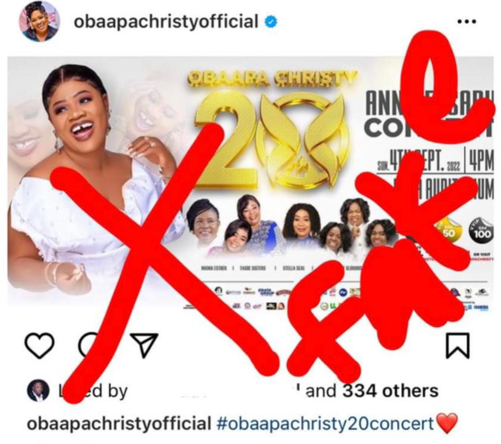 Obaapa Christy posted this now-deleted flyer of her 20th anniversary on Instagram 