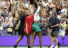 Serena and Venus Williams, pictured walking off Arthur Ashe Stadium after their defeat, have 14 Grand Slam doubles titles together