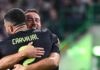 Real Madrid's Belgian forward Eden Hazard (rear R) celebrates with Real Madrid's Spanish defender Dani Carvajal after scoring his team third goal during the UEFA Champions League Group F football match between Celtic and Real Madrid, at the Celtic Park st Image credit: Getty Images