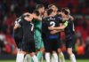 Real Sociedad players celebrate victory after the final whistle in the UEFA Europa League group E match between Manchester United and Real Sociedad at Old Trafford Image credit: Getty Images