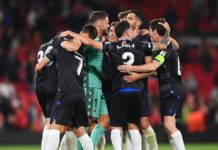 Real Sociedad players celebrate victory after the final whistle in the UEFA Europa League group E match between Manchester United and Real Sociedad at Old Trafford Image credit: Getty Images