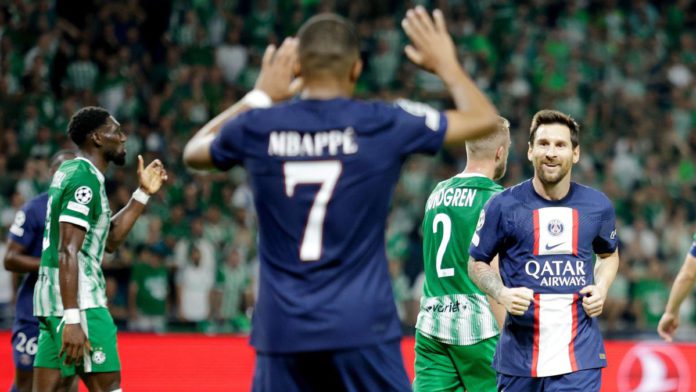 Neymar Jr of Paris Saint Germain celebrates 1-1 with Kylian Mbappe of Paris Saint Germain during the UEFA Champions League match between Maccabi Haifa v Paris Saint Germain at the Sammy Oferstadium on September 14, 2022 in Haifa Israe Image credit: Getty Images