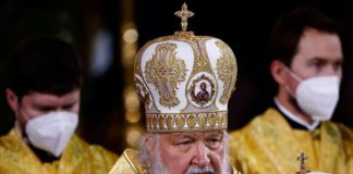 Patriarch Kirill of Moscow and All Russia conducts the Orthodox Christmas service at the Cathedral of Christ the Saviour in Moscow, Russia, January 6, 2022. REUTERS/Maxim Shemetov