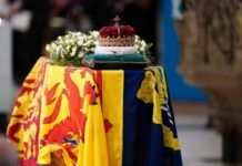 The Queen’s coffin as it lies in rest in St Giles’s Cathedral, Edinburgh (AP)