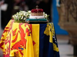 The Queen’s coffin as it lies in rest in St Giles’s Cathedral, Edinburgh (AP)