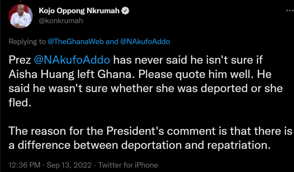 President Akufo-Addo never said he isn't sure if Aisha Huang left Ghana - Kojo Oppong Nkrumah