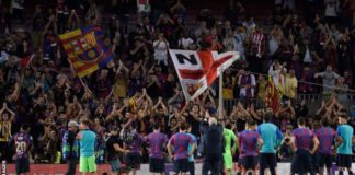 Some Barcelona fans stayed behind after the match to applaud their team