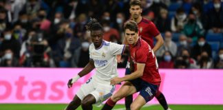 Eduardo Camavinga of Real Madrid battles with Javi Martinez, Real Madrid v Osasuna, La Liga, Santiago Bernaubeu, Madrid, October 27, 2021 Image credit: Getty Images