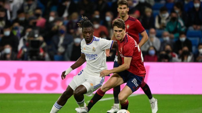 Eduardo Camavinga of Real Madrid battles with Javi Martinez, Real Madrid v Osasuna, La Liga, Santiago Bernaubeu, Madrid, October 27, 2021 Image credit: Getty Images