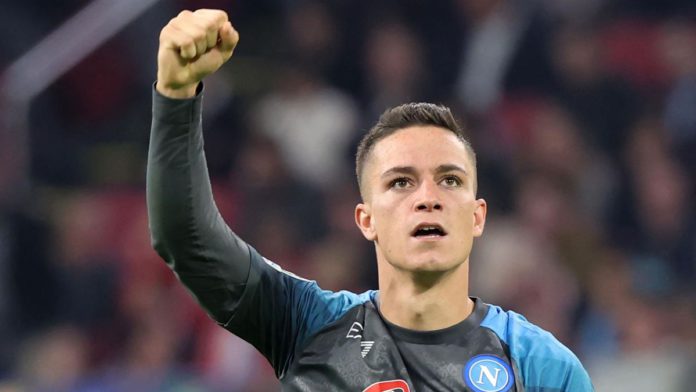 Napoli's Italian forward Giacomo Raspadori celebrates scoring the 1-4 goal during the UEFA Champions League group A football match between Ajax Amsterdam and SSC Napoli. Image credit: Getty Images