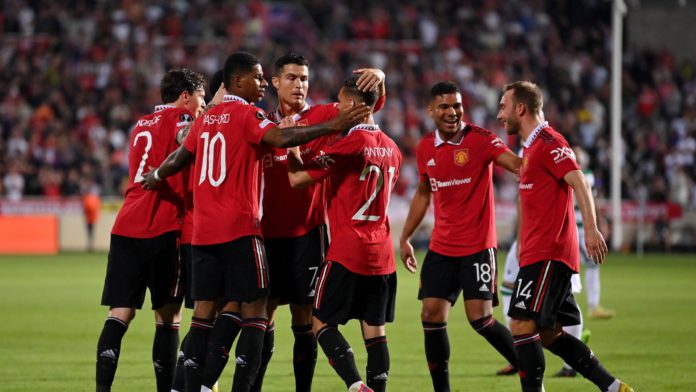 NICOSIA, CYPRUS - OCTOBER 06: Anthony Martial of Manchester United celebrates with teammates after scoring their team's second goal during the UEFA Europa League group E match between Omonia Nikosia and Manchester United at GSP Stadium on October 06, 2022 Image credit: Getty Images