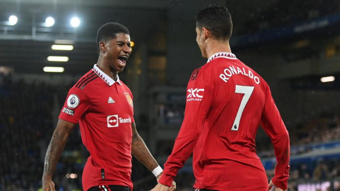 Cristiano Ronaldo of Manchester United celebrates after scoring their team's second goal during the Premier League match between Everton FC and Manchester United at Goodison Park on October 09, 2022 in Liverpool, England. Image credit: Eurosport