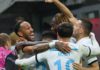 Chelsea's Gabonese striker Pierre-Emerick Aubameyang (L) celebrates with his teammates after scoring his team's second goal during the UEFA Champions League group E, football match between AC Milan and Chelsea, at the San Siro stadium, in Milan, on Octobe Image credit: Getty Images