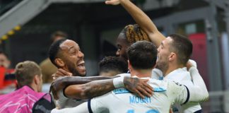 Chelsea's Gabonese striker Pierre-Emerick Aubameyang (L) celebrates with his teammates after scoring his team's second goal during the UEFA Champions League group E, football match between AC Milan and Chelsea, at the San Siro stadium, in Milan, on Octobe Image credit: Getty Images