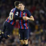 Barcelona's Polish forward Robert Lewandowski (R) celebrates scoring his team's second goal during the UEFA Champions League 1st round, group C, football match between FC Barcelona and Inter Milan at the Camp Nou stadium in Barcelona on October 12, 2022. Image credit: Getty Images