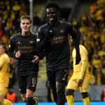 Bukayo Saka of Arsenal celebrates scoring their side's first goal during the UEFA Europa League group A match between FK Bodo/Glimt and Arsenal FC at Aspmyra Stadion on October 13, 2022 in Bodo, Norway. Image credit: Getty Images