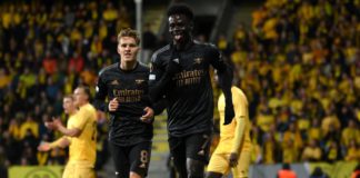 Bukayo Saka of Arsenal celebrates scoring their side's first goal during the UEFA Europa League group A match between FK Bodo/Glimt and Arsenal FC at Aspmyra Stadion on October 13, 2022 in Bodo, Norway. Image credit: Getty Images