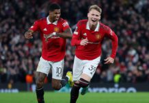 Scott McTominay celebrates with Marcus Rashford of Manchester United after scoring their team's first goal during the UEFA Europa League group E match between Manchester United and Omonia Nikosia at Old Trafford on October 13, 2022 in Manchester, England Image credit: Getty Images