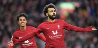 Mohamed Salah of Liverpool celebrates after scoring the first goal during the Premier League match between Liverpool FC and Manchester City at Anfield on October 16, 2022 in Liverpool, England. (Photo by John Powell/Liverpool FC via Getty Images) Image credit: Getty Images