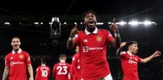 Fred of Manchester United celebrates after scoring their sides first goal during the Premier League match between Manchester United and Tottenham Hotspur at Old Trafford on October 19, 2022 in Manchester, England. Image credit: Getty Images